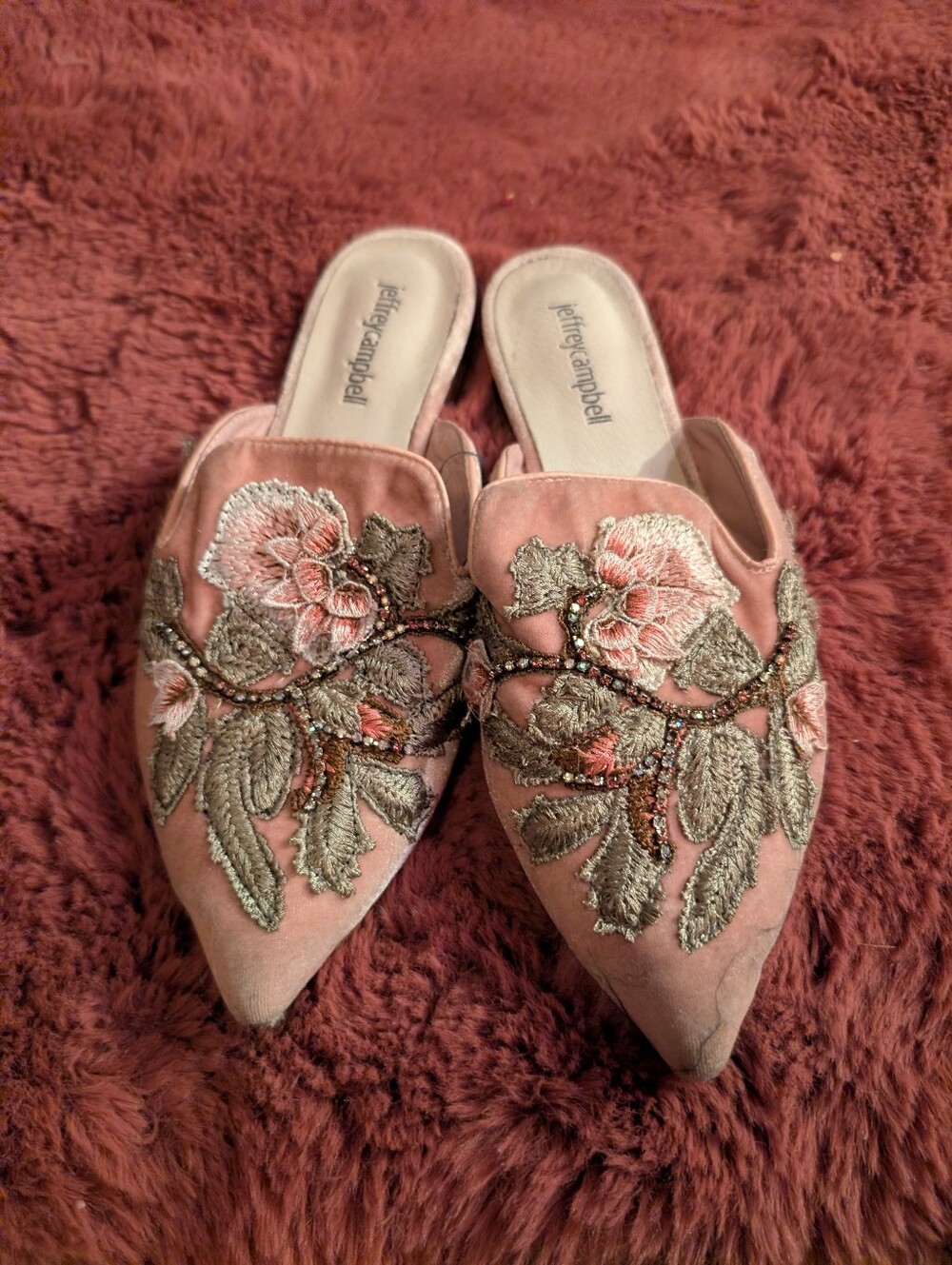 Jeffrey Campbell Blush Pink Embroidered Pointed Slip-On Mules